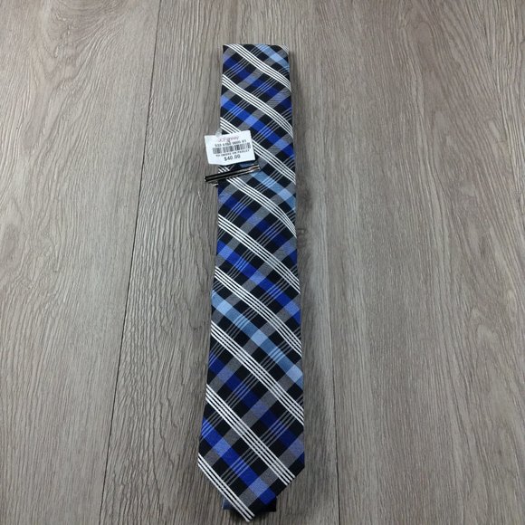 JF J. Ferrar Blue Plaid w Clip Narrow Tie - Picture 1 of 3